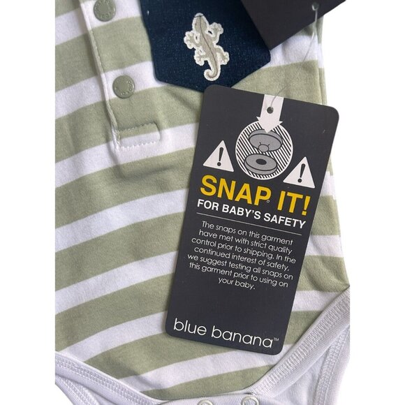 Kushies Blue Banana Short Sleeve Bodysuit Green White Stripes Snaps -New Born - Picture 6 of 7